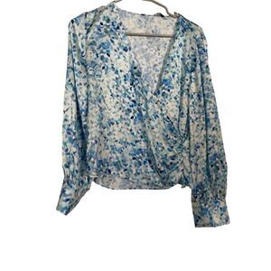 NEW Zara Women's Blue & White Satin Surplice V-Neck Long Sleeve Blouse Medium